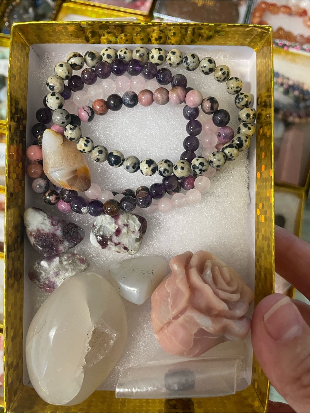 Polished carved crystals and crystal bracelet goodie box set